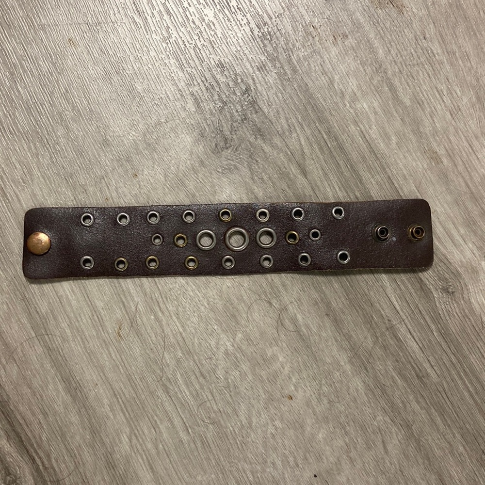 Brown Leather Bracelet with Cutout Holes with Gold and Silver Metal